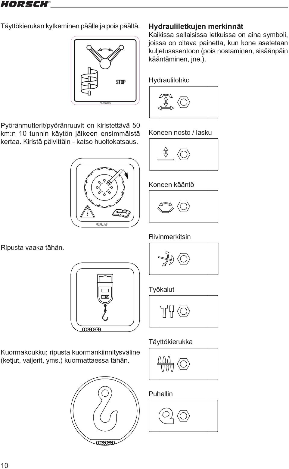 00110683 00110684 Hydraulilohko 00380399 3.11.08 do Pyöränmutterit/pyöränruuvit Format: on 60 kiristettävä x 60 (R5) mm 50 Druck: schwarz km:n 10 tunnin käytön jälkeen ensimmäistä kertaa.