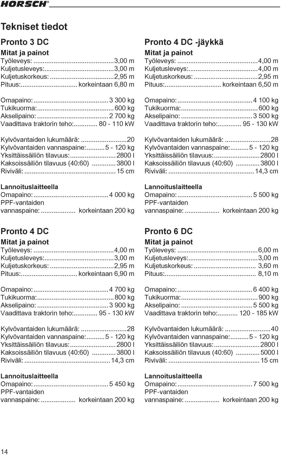 .. 3800 l Riviväli:...15 cm Lannoituslaitteella Omapaino:...4 000 kg PPF-vantaiden vannaspaine:... korkeintaan 200 kg Pronto 4 DC Mitat ja painot Työleveys:...4,00 m Kuljetusleveys:.