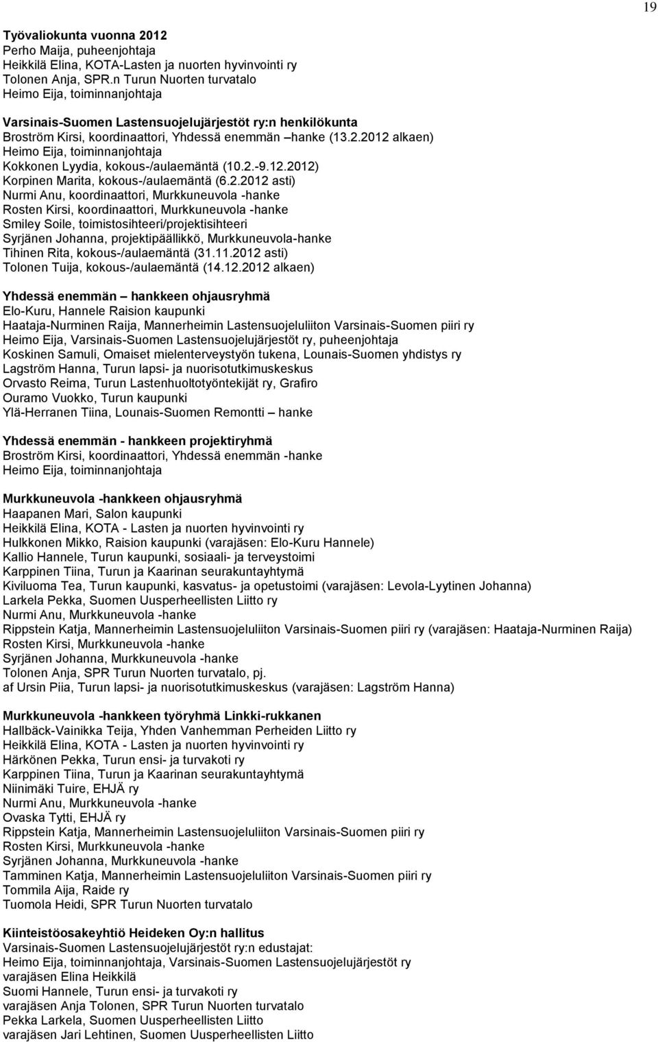 2012 alkaen) Heimo Eija, toiminnanjohtaja Kokkonen Lyydia, kokous-/aulaemäntä (10.2.-9.12.2012) Korpinen Marita, kokous-/aulaemäntä (6.2.2012 asti) Nurmi Anu, koordinaattori, Murkkuneuvola -hanke