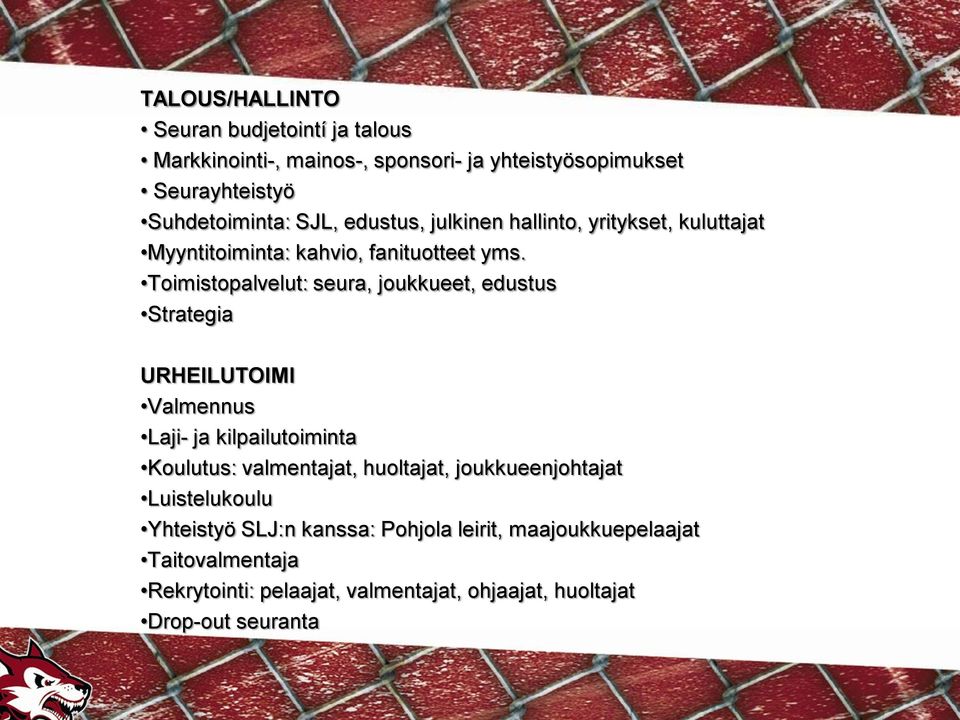 Toimistopalvelut: seura, joukkueet, edustus Strategia URHEILUTOIMI Valmennus Laji- ja kilpailutoiminta Koulutus: valmentajat, huoltajat,