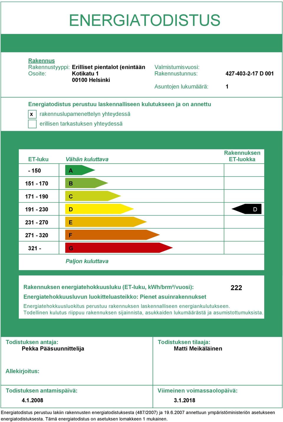 B C D E F G Paljon kuluttava Rakennuksen ET-luokka D Rakennuksen energiatehokkuusluku (ET-luku, kwh/brm²/vuosi): Energiatehokkuusluvun luokitteluasteikko: Pienet asuinrakennukset 222