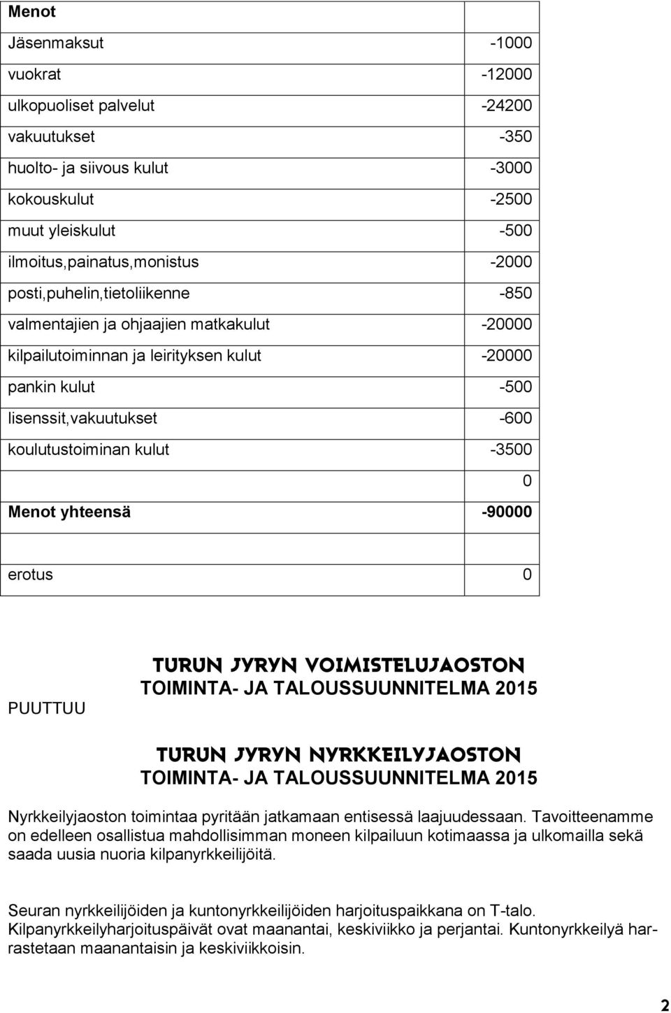 Menot yhteensä -90000 erotus 0 PUUTTUU TURUN JYRYN VOIMISTELUJAOSTON TURUN JYRYN NYRKKEILYJAOSTON Nyrkkeilyjaoston toimintaa pyritään jatkamaan entisessä laajuudessaan.