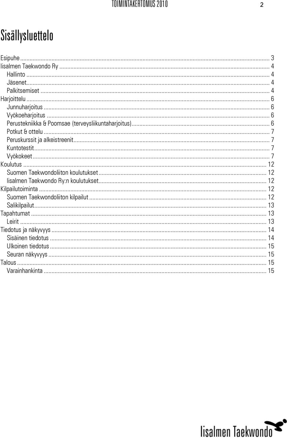 .. 7 Koulutus... 12 Suomen Taekwondoliiton koulutukset... 12 Iisalmen Taekwondo Ry:n koulutukset... 12 Kilpailutoiminta... 12 Suomen Taekwondoliiton kilpailut.