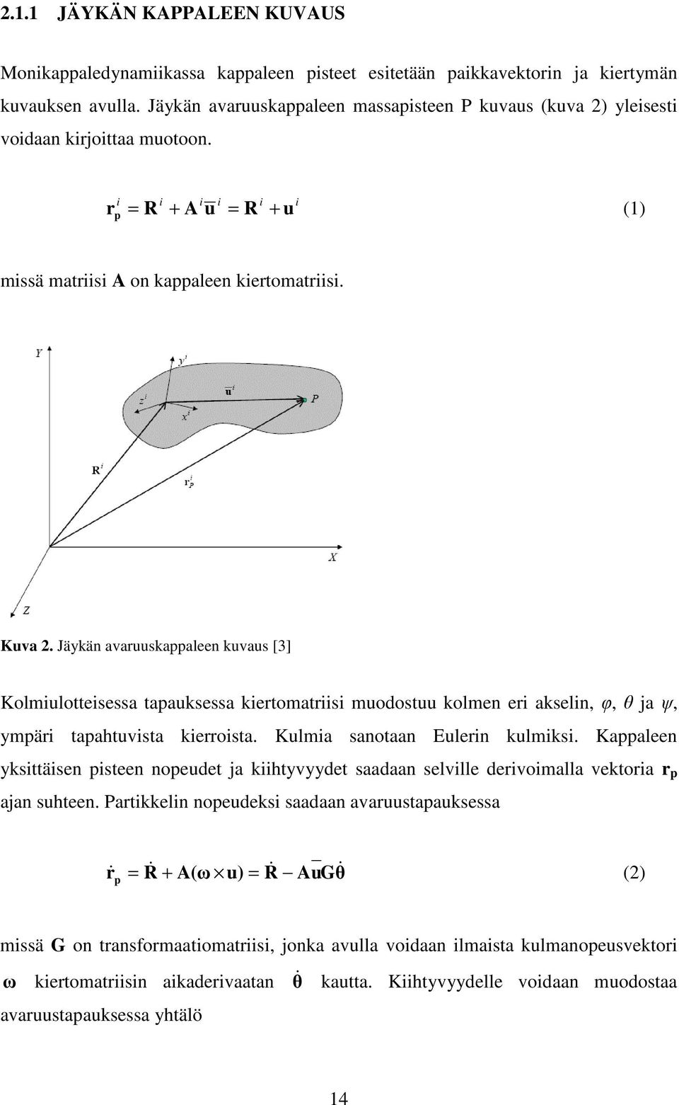 Jäykän avaruuskappaleen kuvaus [3] Kolmiulotteisessa tapauksessa kiertomatriisi muodostuu kolmen eri akselin, φ, θ ja ψ, ympäri tapahtuvista kierroista. Kulmia sanotaan Eulerin kulmiksi.