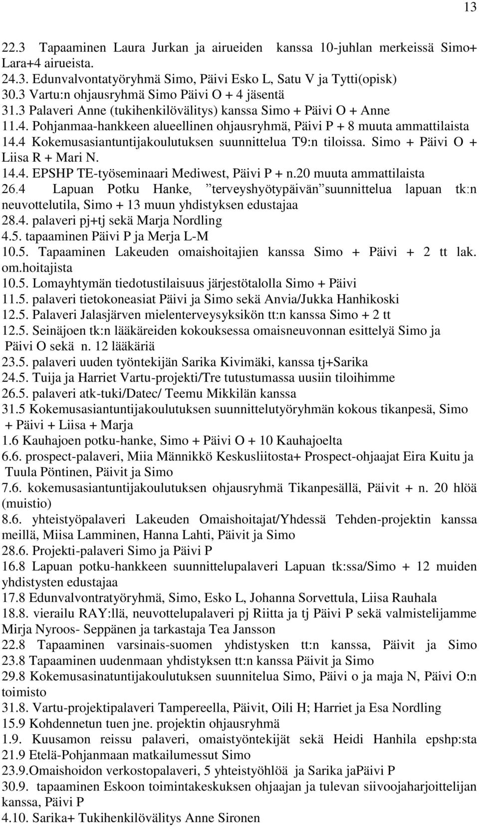 4 Kokemusasiantuntijakoulutuksen suunnittelua T9:n tiloissa. Simo + Päivi O + Liisa R + Mari N. 14.4. EPSHP TE-työseminaari Mediwest, Päivi P + n.20 muuta ammattilaista 26.
