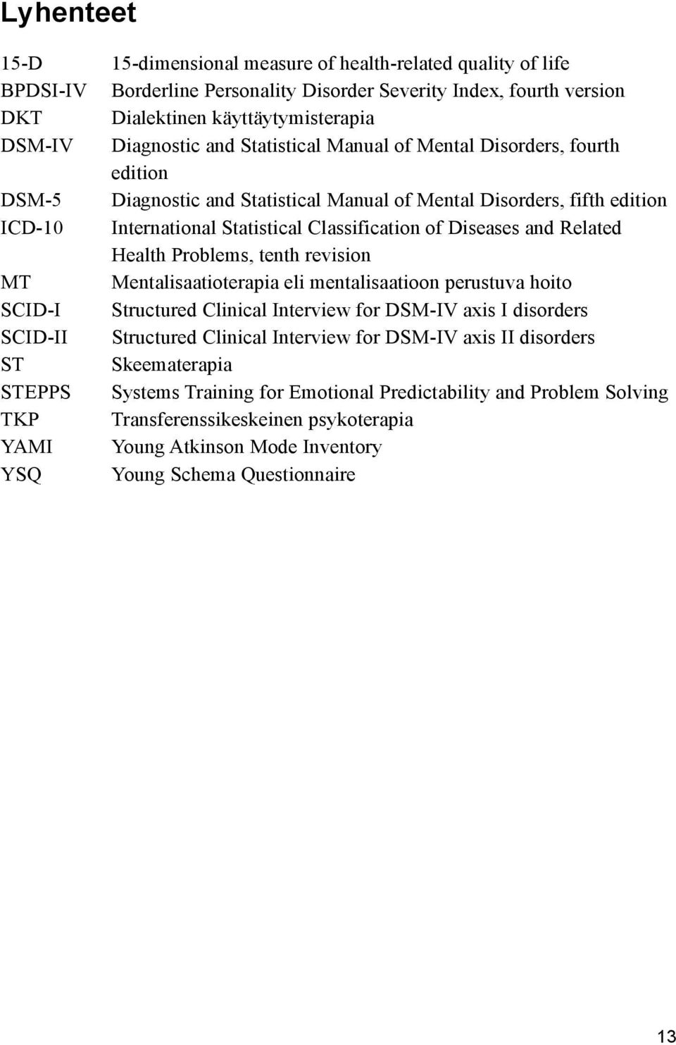 Related Health Problems, tenth revision MT Mentalisaatioterapia eli mentalisaatioon perustuva hoito SCID-I Structured Clinical Interview for DSM-IV axis I disorders SCID-II Structured Clinical
