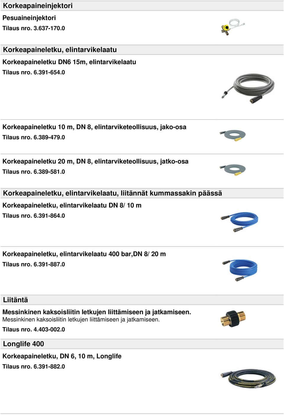 0 Korkeapaineletku, elintarvikelaatu, liitännät kummassakin päässä Korkeapaineletku, elintarvikelaatu DN 8/ 10 m Tilaus nro. 6.391-864.