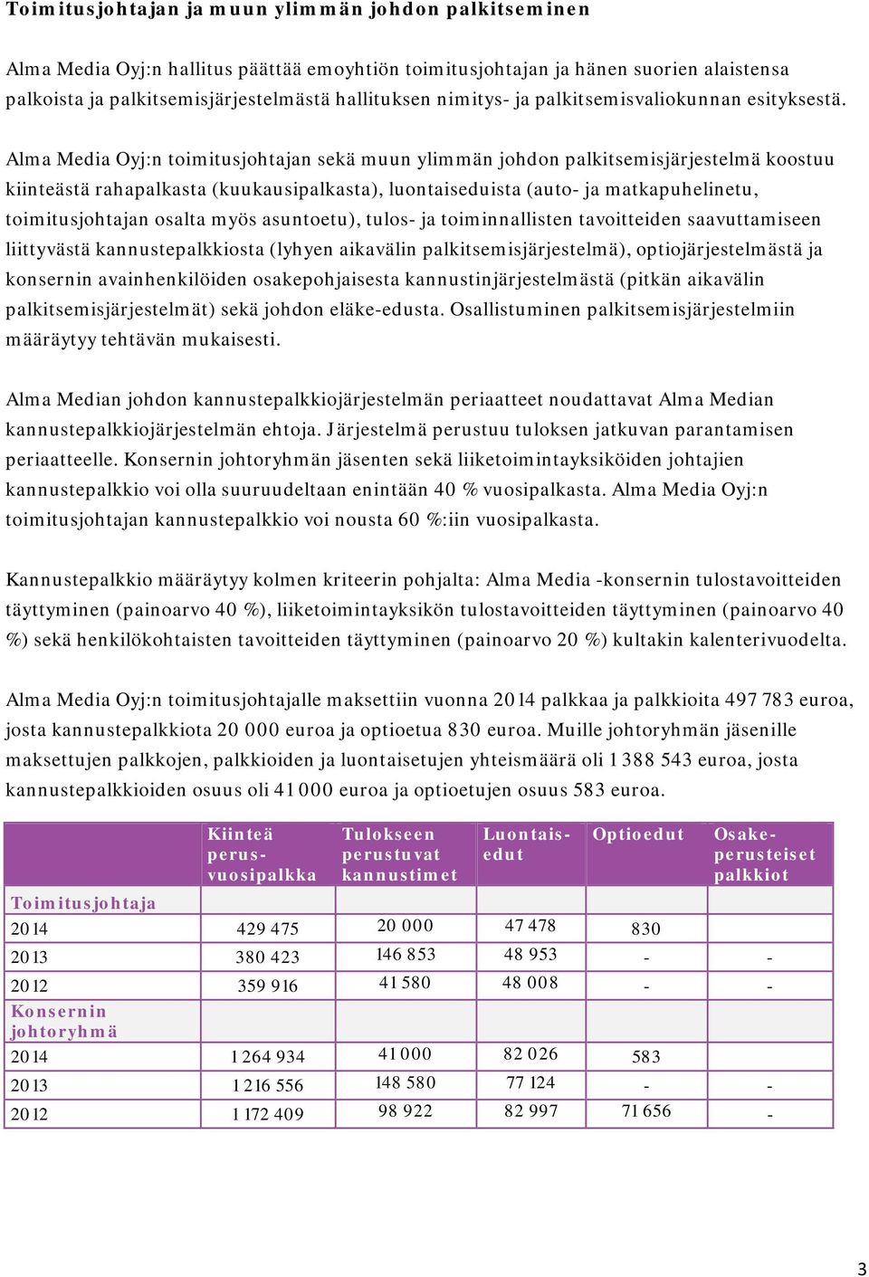 Alma Media Oyj:n toimitusjohtajan sekä muun ylimmän johdon palkitsemisjärjestelmä koostuu kiinteästä rahapalkasta (kuukausipalkasta), luontaiseduista (auto- ja matkapuhelinetu, toimitusjohtajan