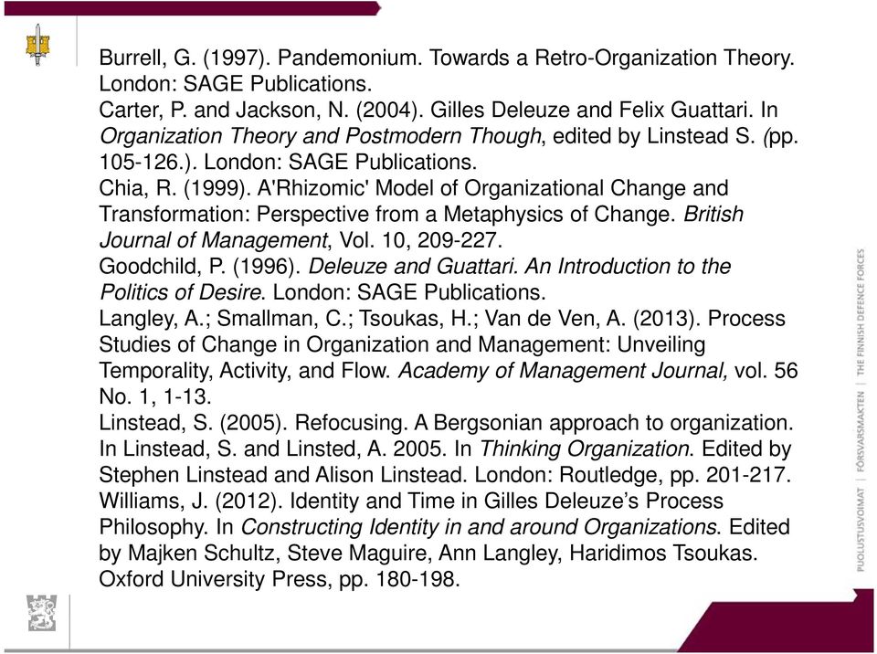A'Rhizomic' Model of Organizational Change and Transformation: Perspective from a Metaphysics of Change. British Journal of Management, Vol. 10, 209-227. Goodchild, P. (1996). Deleuze and Guattari.