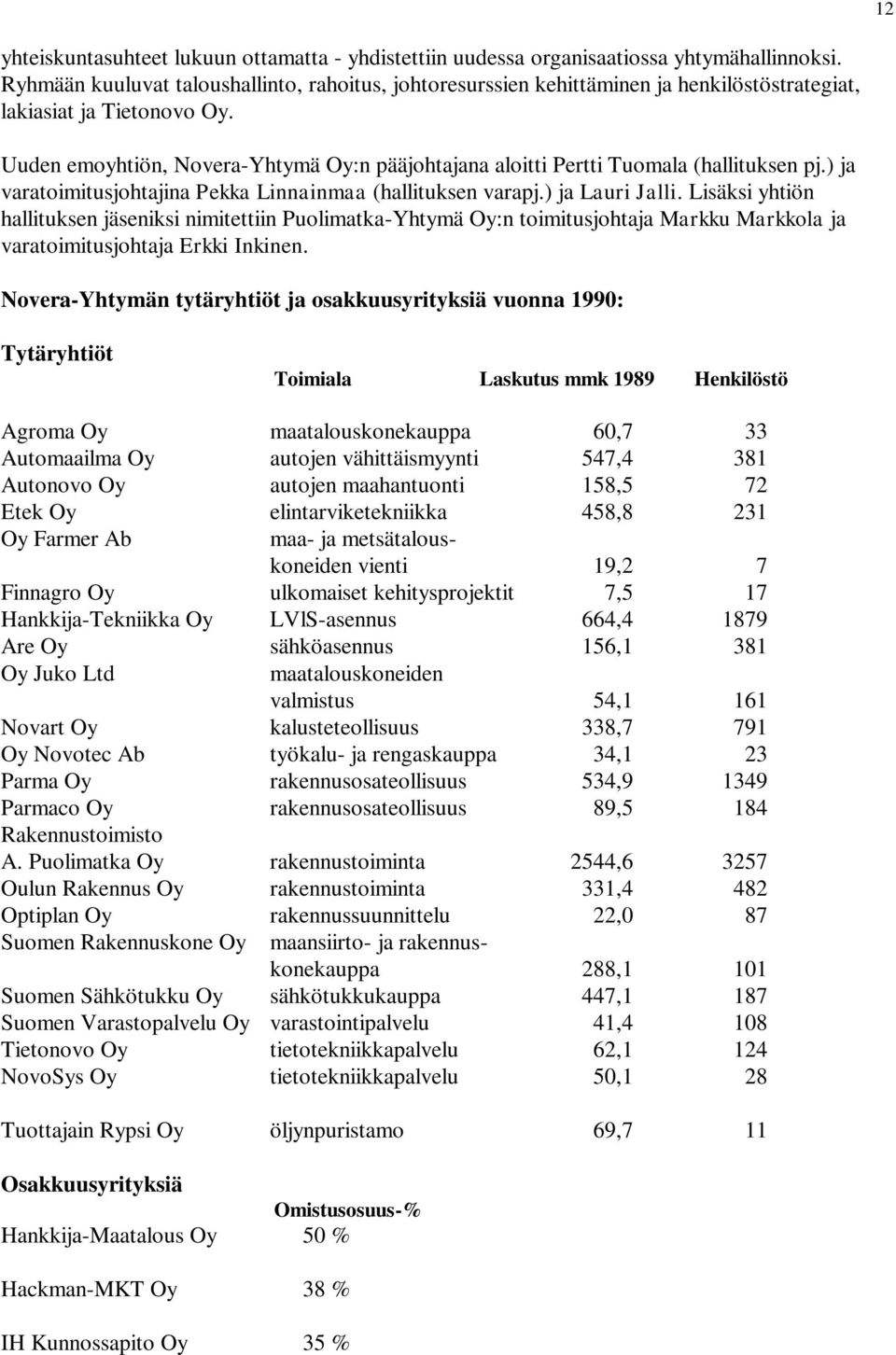 Uuden emoyhtiön, Novera-Yhtymä Oy:n pääjohtajana aloitti Pertti Tuomala (hallituksen pj.) ja varatoimitusjohtajina Pekka Linnainmaa (hallituksen varapj.) ja Lauri Jalli.
