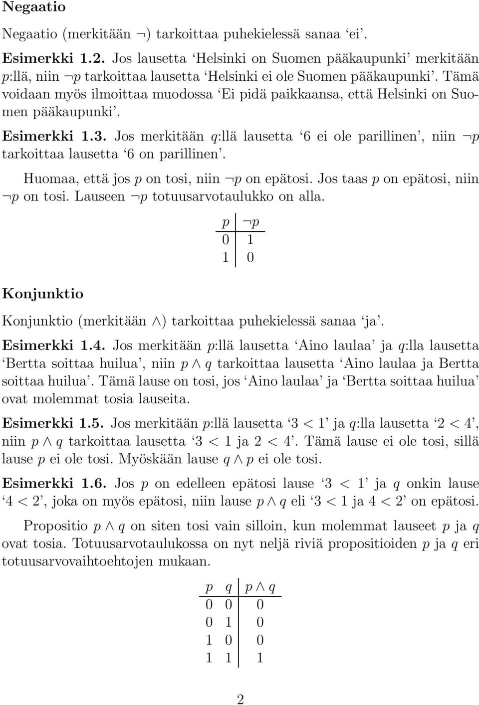 Tämä voidaan myös ilmoittaa muodossa Ei pidä paikkaansa, että Helsinki on Suomen pääkaupunki. Esimerkki 1.3.