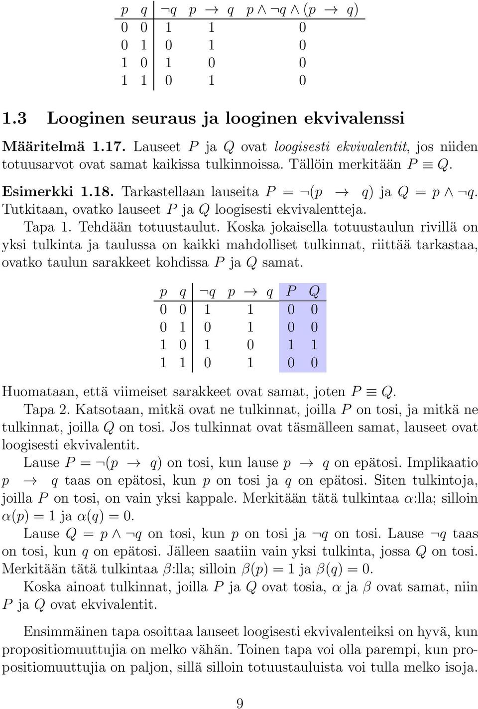 Tutkitaan, ovatko lauseet P ja Q loogisesti ekvivalentteja. Tapa 1. Tehdään totuustaulut.