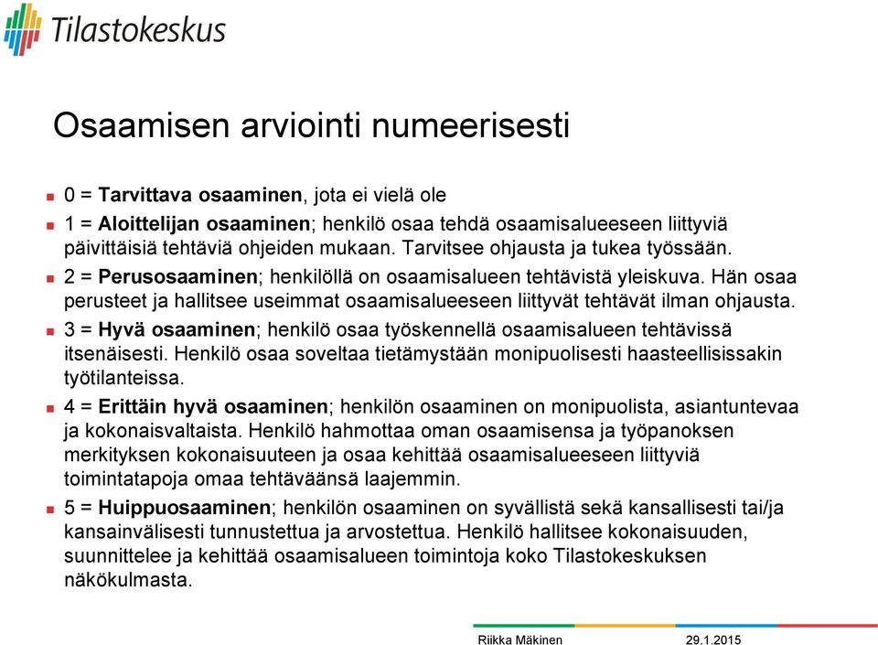 3 = Hyvä osaaminen; henkilö osaa työskennellä osaamisalueen tehtävissä itsenäisesti. Henkilö osaa soveltaa tietämystään monipuolisesti haasteellisissakin työtilanteissa.