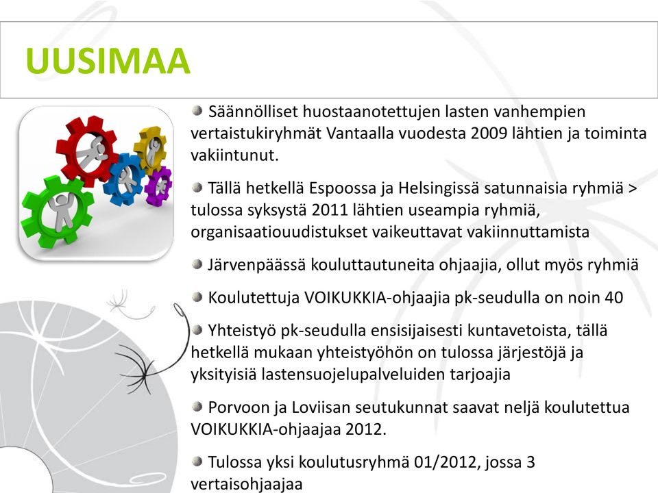 Tällä hetkellä Espoossa ja Helsingissä satunnaisia ryhmiä > tulossa syksystä 2011 lähtien useampia ryhmiä, organisaatiouudistukset vaikeuttavat vakiinnuttamista Järvenpäässä