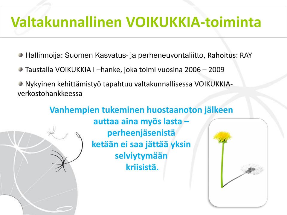 kehittämistyö tapahtuu valtakunnallisessa VOIKUKKIAverkostohankkeessa Vanhempien tukeminen