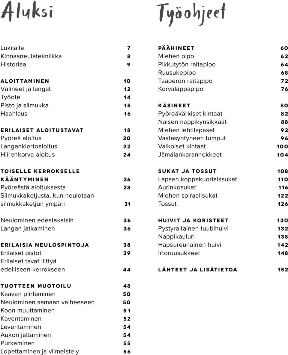 Miehen lehtilapaset 92 Vastasyntyneen tumput 96 Valkoiset kintaat 100 Jämälankarannekkeet 104 Toiselle kerrokselle kääntyminen 26 Pyöreästä aloituksesta 28 Silmukkaketjusta, kun neulotaan