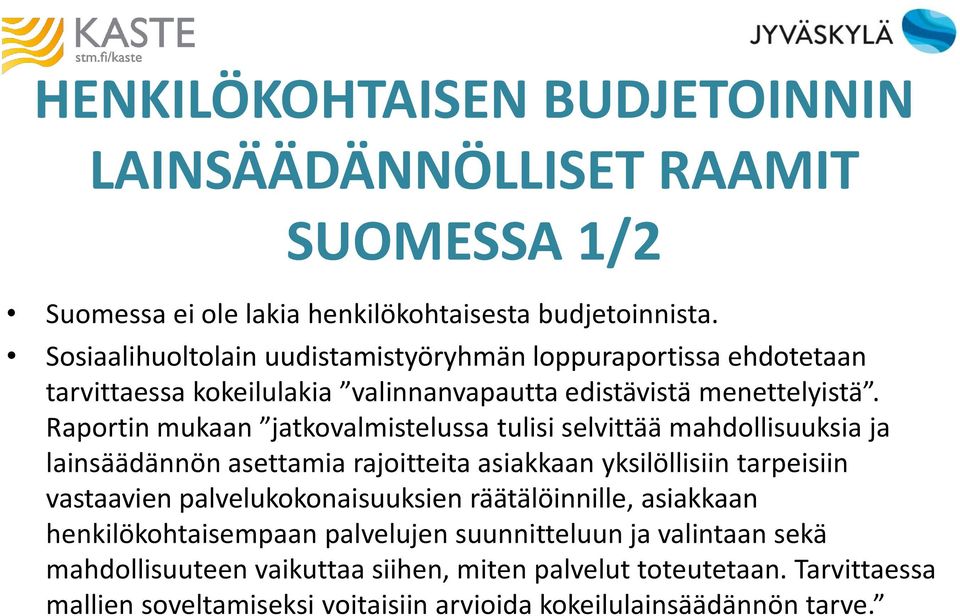 Raportin mukaan jatkovalmistelussa tulisi selvittää mahdollisuuksia ja lainsäädännön asettamia rajoitteita asiakkaan yksilöllisiin tarpeisiin vastaavien