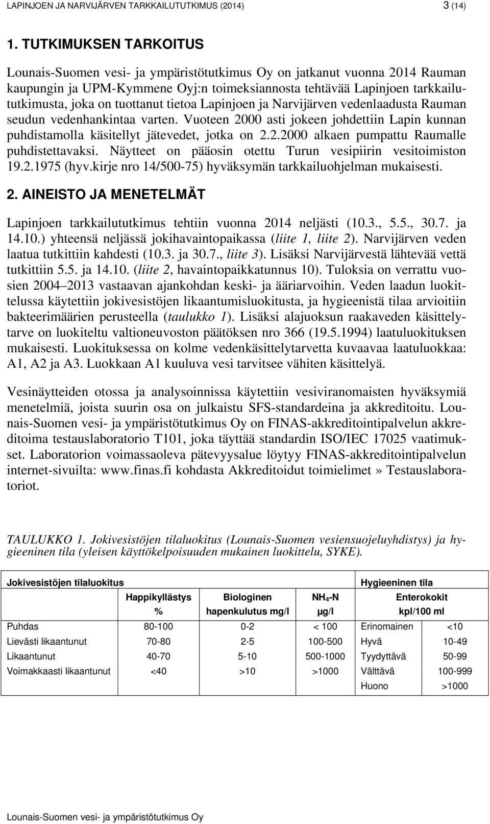 vedenlaadusta Rauman seudun vedenhankintaa varten. Vuoteen 2 asti jokeen johdettiin Lapin kunnan puhdistamolla käsitellyt jätevedet, jotka on 2.2.2 alkaen pumpattu Raumalle puhdistettavaksi.