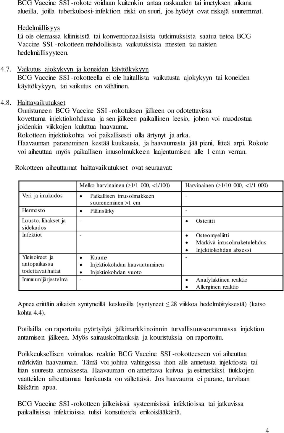 Vaikutus ajokykyyn ja koneiden käyttökykyyn BCG Vaccine SSI -rokotteella ei ole haitallista vaikutusta ajokykyyn tai koneiden käyttökykyyn, tai vaikutus on vähäinen. 4.8.