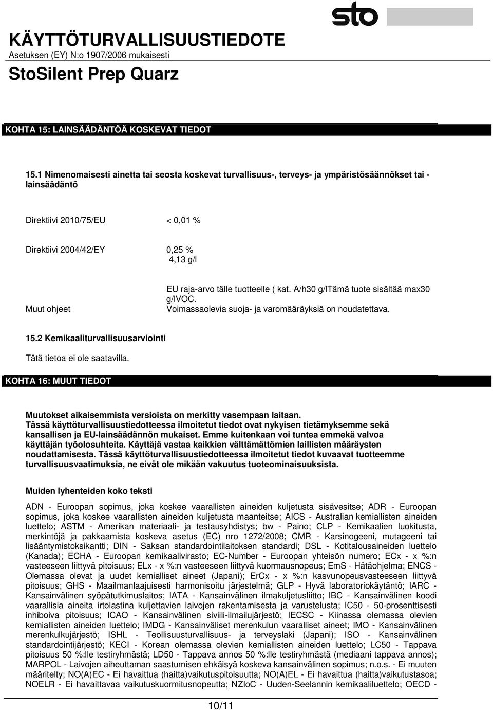 raja-arvo tälle tuotteelle ( kat. A/h30 g/ltämä tuote sisältää max30 g/lvoc. Voimassaolevia suoja- ja varomääräyksiä on noudatettava. 15.2 Kemikaaliturvallisuusarviointi Tätä tietoa ei ole saatavilla.