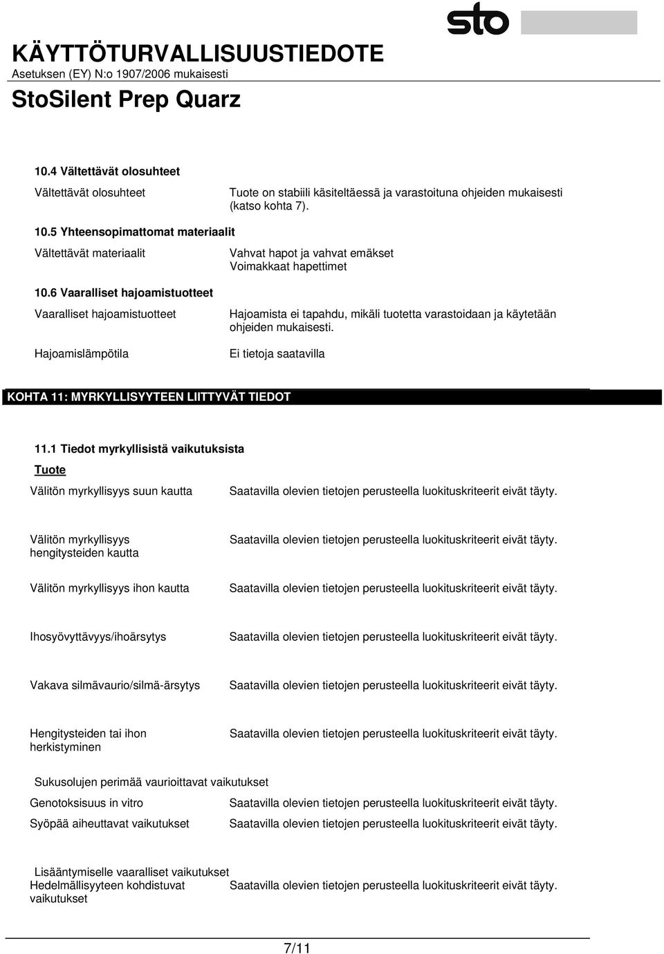 6 Vaaralliset hajoamistuotteet Vaaralliset hajoamistuotteet Hajoamislämpötila Hajoamista ei tapahdu, mikäli tuotetta varastoidaan ja käytetään ohjeiden mukaisesti.