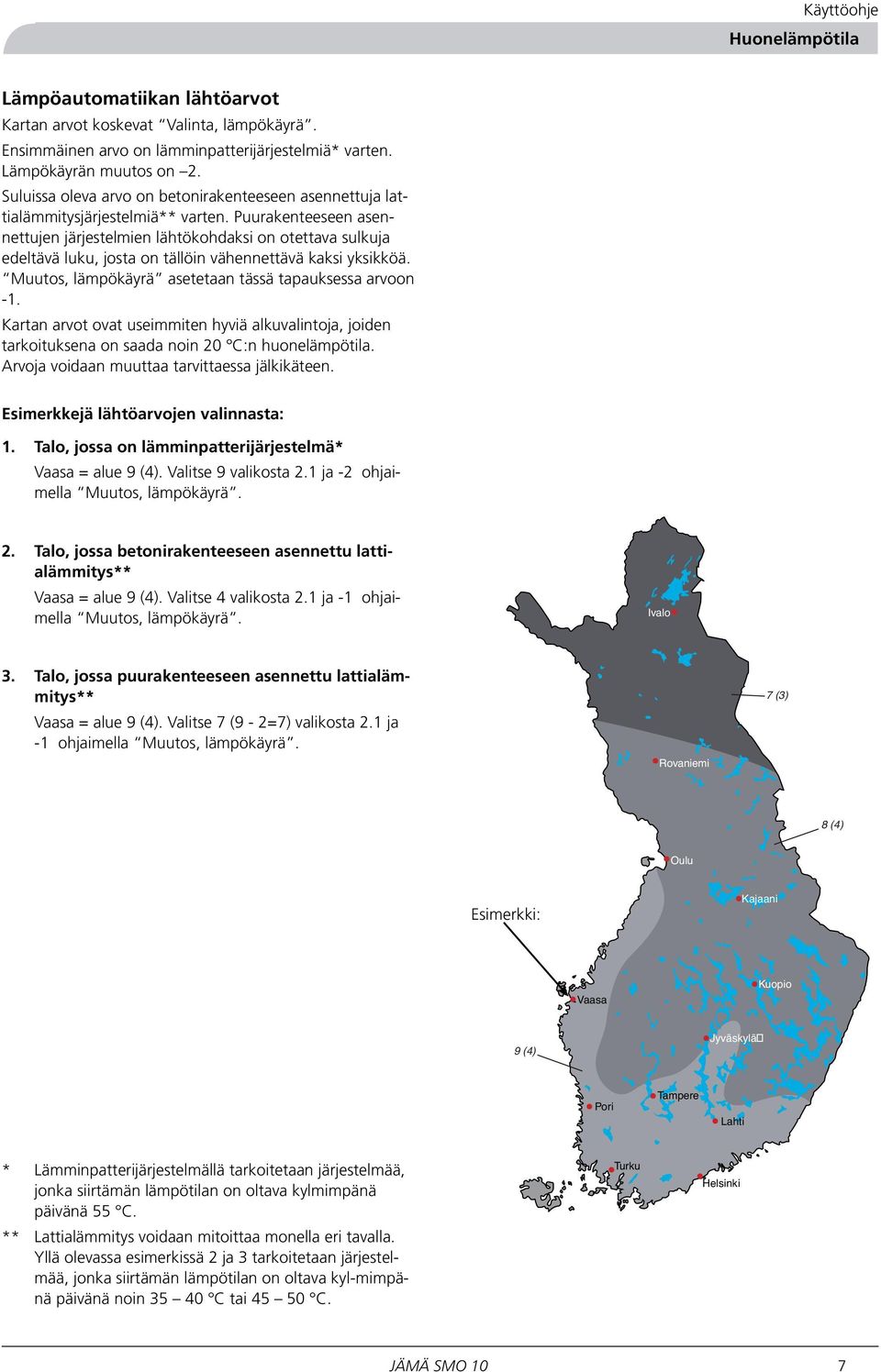 Puurakenteeseen asennettujen järjestelmien lähtökohdaksi on otettava sulkuja edeltävä luku, josta on tällöin vähennettävä kaksi yksikköä. Muutos, lämpökäyrä asetetaan tässä tapauksessa arvoon -1.