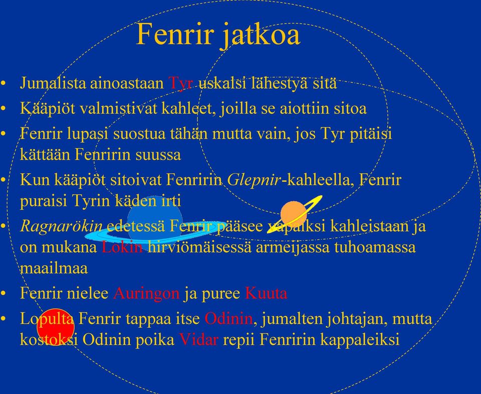 irti Ragnarökin edetessä Fenrir pääsee vapaiksi kahleistaan ja on mukana Lokin hirviömäisessä armeijassa tuhoamassa maailmaa Fenrir