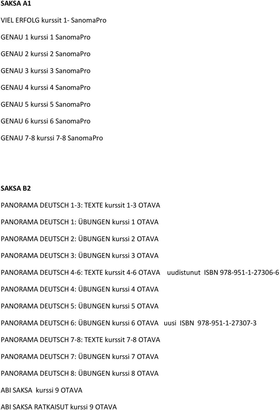 3: ÜBUNGEN kurssi 3 OTAVA PANORAMA DEUTSCH 4-6: TEXTE kurssit 4-6 OTAVA uudistunut ISBN 978-951-1-27306-6 PANORAMA DEUTSCH 4: ÜBUNGEN kurssi 4 OTAVA PANORAMA DEUTSCH 5: ÜBUNGEN kurssi 5 OTAVA