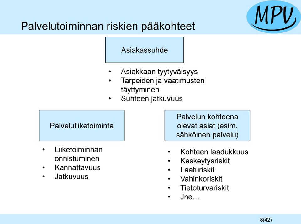 onnistuminen Kannattavuus Jatkuvuus Palvelun kohteena olevat asiat (esim.