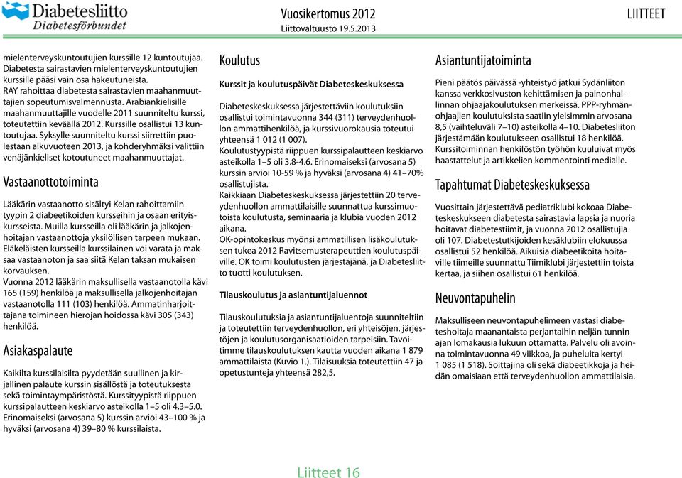 Kurssille osallistui 13 kuntoutujaa. Syksylle suunniteltu kurssi siirrettiin puolestaan alkuvuoteen 2013, ja kohderyhmäksi valittiin venäjänkieliset kotoutuneet maahanmuuttajat.