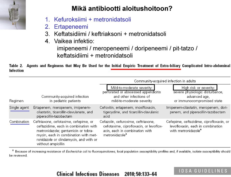 Keftatsidiimi / keftriaksoni + metronidatsoli 4.