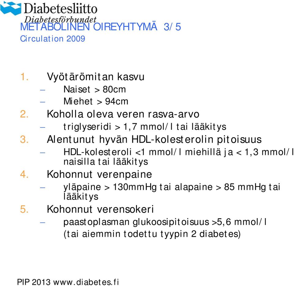 Alentunut hyvän HDL-kolesterolin pitoisuus HDL-kolesteroli <1 mmol/l miehillä ja < 1,3 mmol/l naisilla tai lääkitys 4.