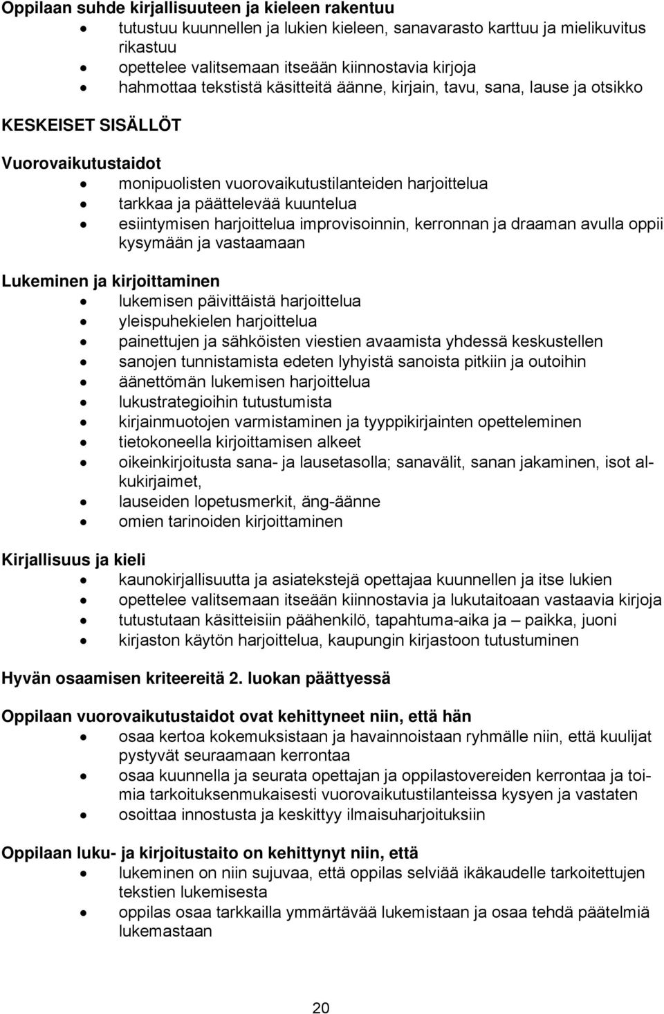 esiintymisen harjoittelua improvisoinnin, kerronnan ja draaman avulla oppii kysymään ja vastaamaan Lukeminen ja kirjoittaminen lukemisen päivittäistä harjoittelua yleispuhekielen harjoittelua