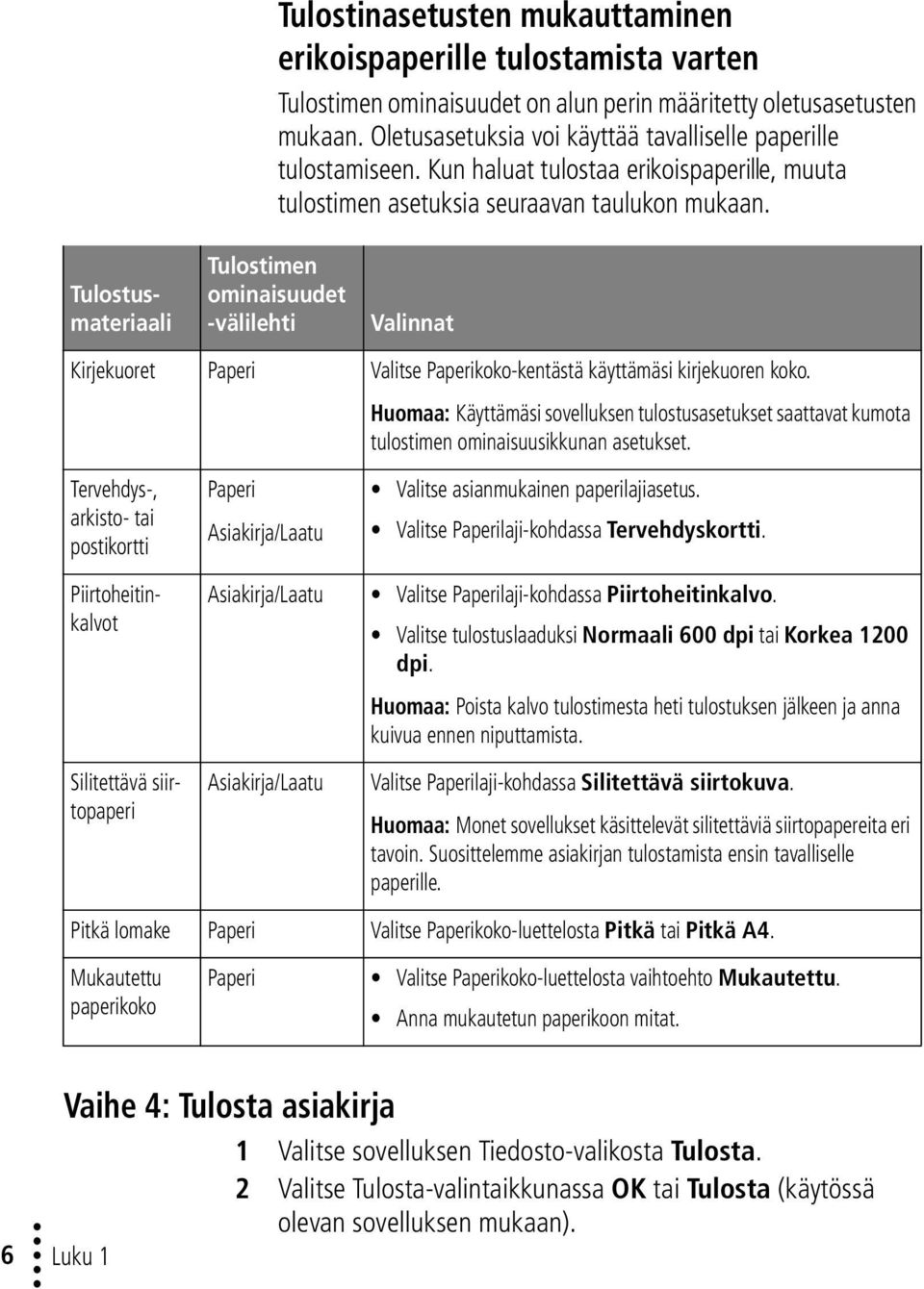 Tulostimen ominaisuudet -välilehti Valinnat Kirjekuoret Paperi Valitse Paperikoko-kentästä käyttämäsi kirjekuoren koko.