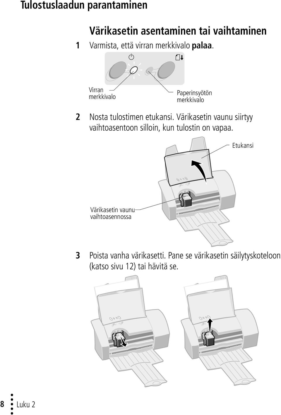 Värikasetin vaunu siirtyy vaihtoasentoon silloin, kun tulostin on vapaa.