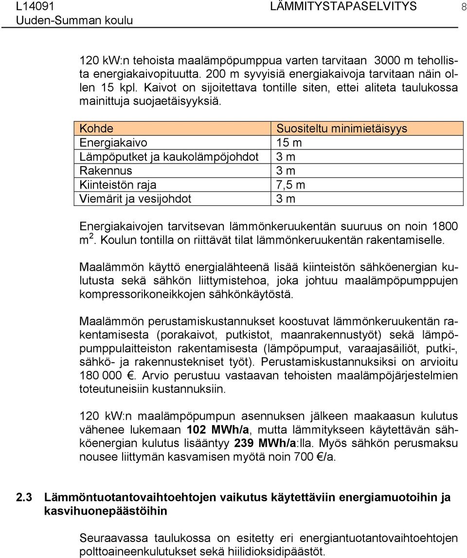 Kohde Energiakaivo Lämpöputket ja kaukolämpöjohdot Rakennus Kiinteistön raja Viemärit ja vesijohdot Suositeltu minimietäisyys 15 m 3 m 3 m 7,5 m 3 m Energiakaivojen tarvitsevan lämmönkeruukentän