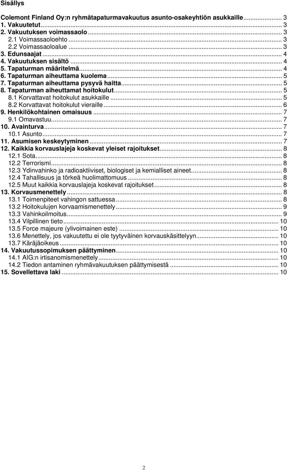 .. 5 8.2 Korvattavat hoitokulut vieraille... 6 9. Henkilökohtainen omaisuus... 7 9.1 Omavastuu... 7 10. Avainturva... 7 10.1 Asunto... 7 11. Asumisen keskeytyminen... 7 12.