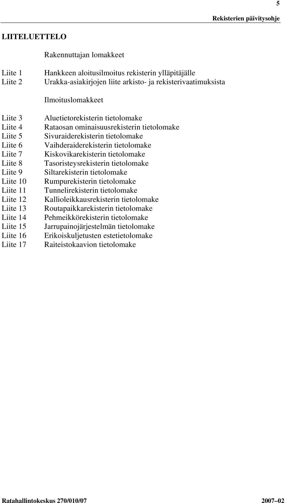 Sivuraiderekisterin tietolomake Vaihderaiderekisterin tietolomake Kiskovikarekisterin tietolomake Tasoristeysrekisterin tietolomake Siltarekisterin tietolomake Rumpurekisterin tietolomake