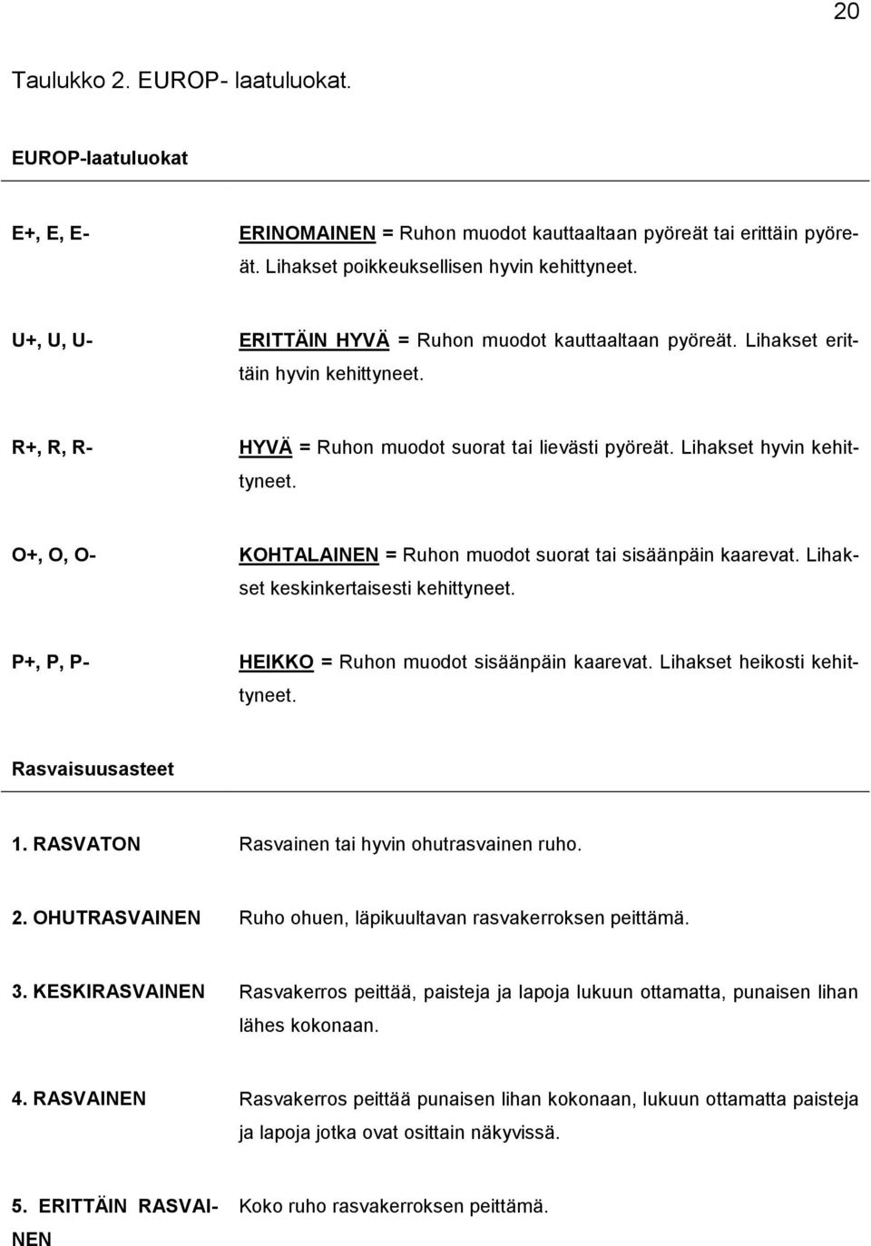 O+, O, O- KOHTALAINEN = Ruhon muodot suorat tai sisäänpäin kaarevat. Lihakset keskinkertaisesti kehittyneet. P+, P, P- HEIKKO = Ruhon muodot sisäänpäin kaarevat. Lihakset heikosti kehittyneet.