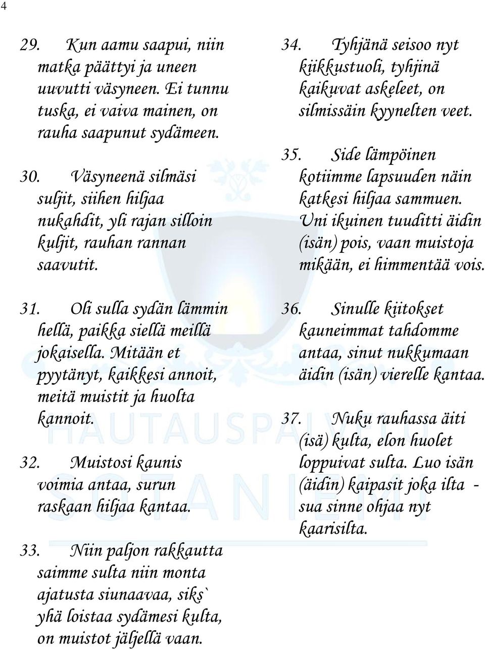 Mitään et pyytänyt, kaikkesi annoit, meitä muistit ja huolta kannoit. 32. Muistosi kaunis voimia antaa, surun raskaan hiljaa kantaa. 33.