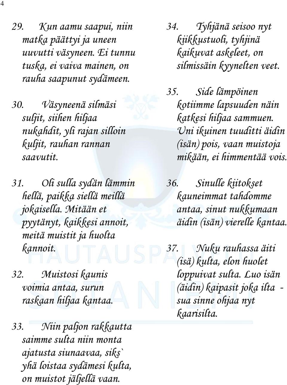 Mitään et pyytänyt, kaikkesi annoit, meitä muistit ja huolta kannoit. 32. Muistosi kaunis voimia antaa, surun raskaan hiljaa kantaa. 33.