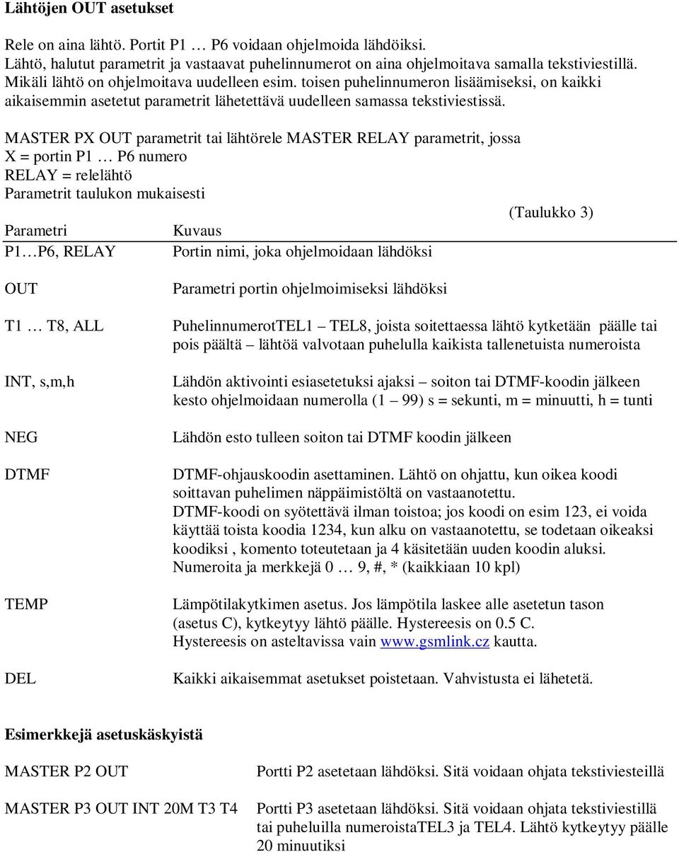 MASTER PX OUT parametrit tai lähtörele MASTER RELAY parametrit, jossa X = portin P1 P6 numero RELAY = relelähtö Parametrit taulukon mukaisesti (Taulukko 3) Parametri Kuvaus P1 P6, RELAY Portin nimi,