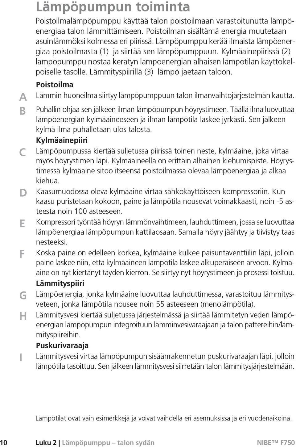 Kylmäainepiirissä (2) lämpöpumppu nostaa kerätyn lämpöenergian alhaisen lämpötilan käyttökelpoiselle tasolle. Lämmityspiirillä (3) lämpö jaetaan taloon.