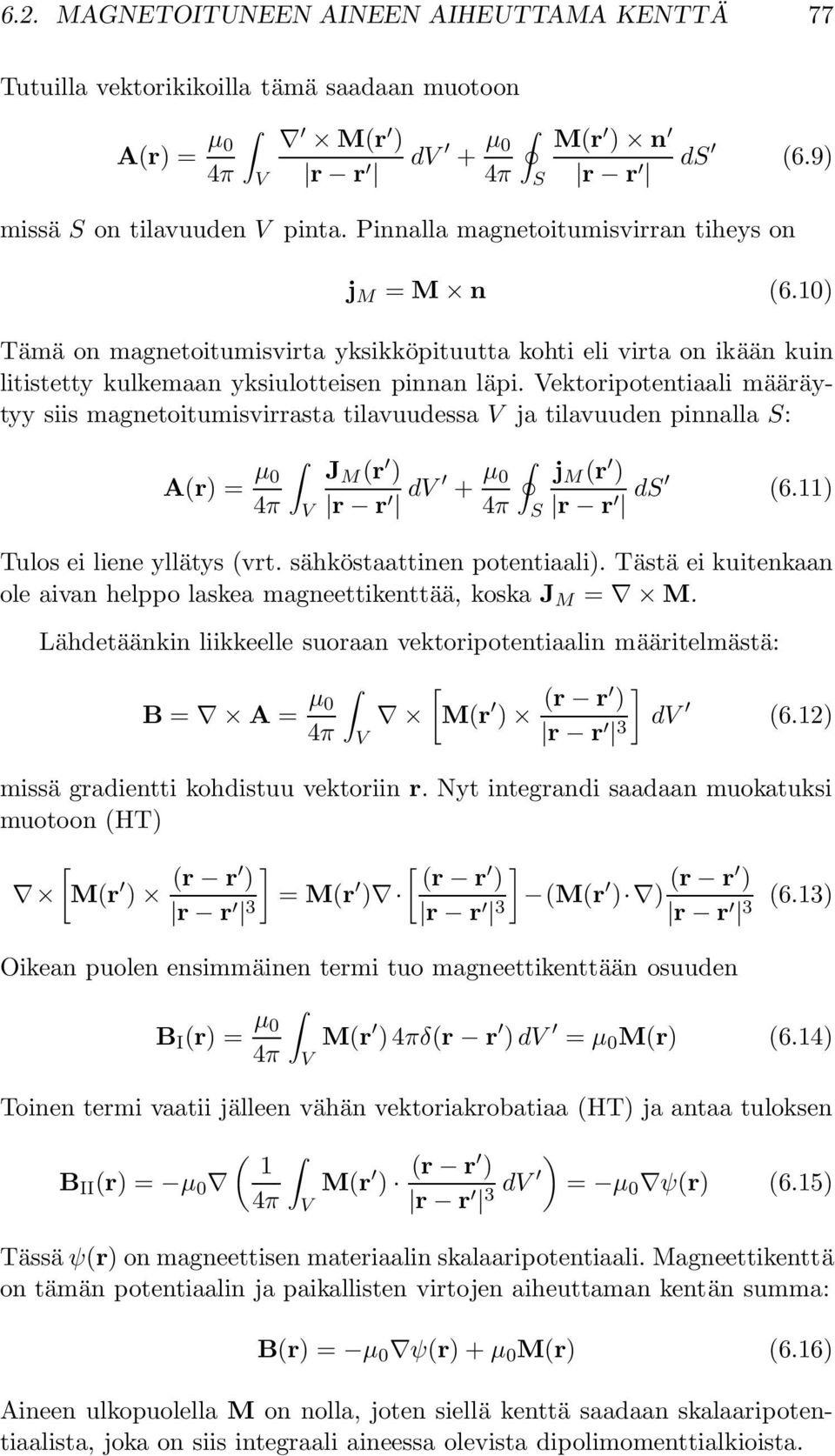 ektoripotentiaali määräytyy siis magnetoitumisvirrasta tilavuudessa ja tilavuuden pinnalla : A(r) = µ 4π J M (r ) r r d + µ 4π j M (r ) r r d (6.11) Tulos ei liene yllätys (vrt.