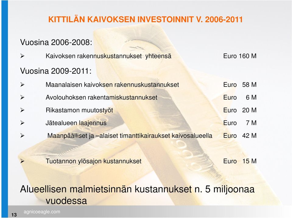 kaivoksen rakennuskustannukset Euro 58 M Avolouhoksen rakentamiskustannukset Euro 6 M Rikastamon muutostyöt Euro 20 M