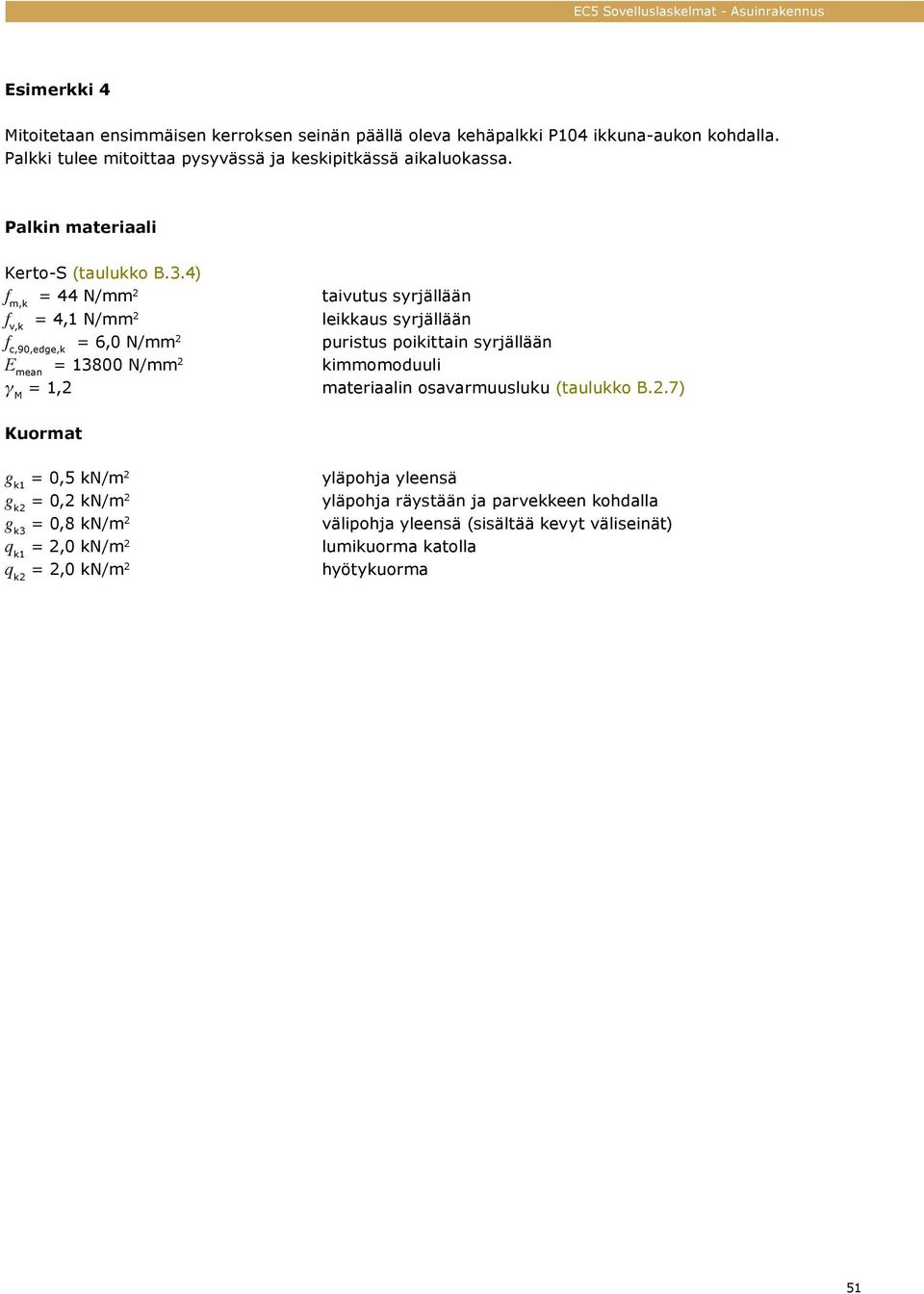 4) f m,k = 44 N/mm 2 f v,k = 4,1 N/mm 2 f c,90,edge,k = 6,0 N/mm 2 E mean = 13800 N/mm 2 γ M = 1,2 taivutus syrjällään leikkaus syrjällään puristus poikittain