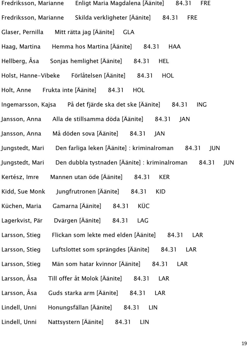31 HOL Holt, Anne Frukta inte [Äänite] 84.31 HOL Ingemarsson, Kajsa På det fjärde ska det ske [Äänite] 84.31 ING Jansson, Anna Alla de stillsamma döda [Äänite] 84.