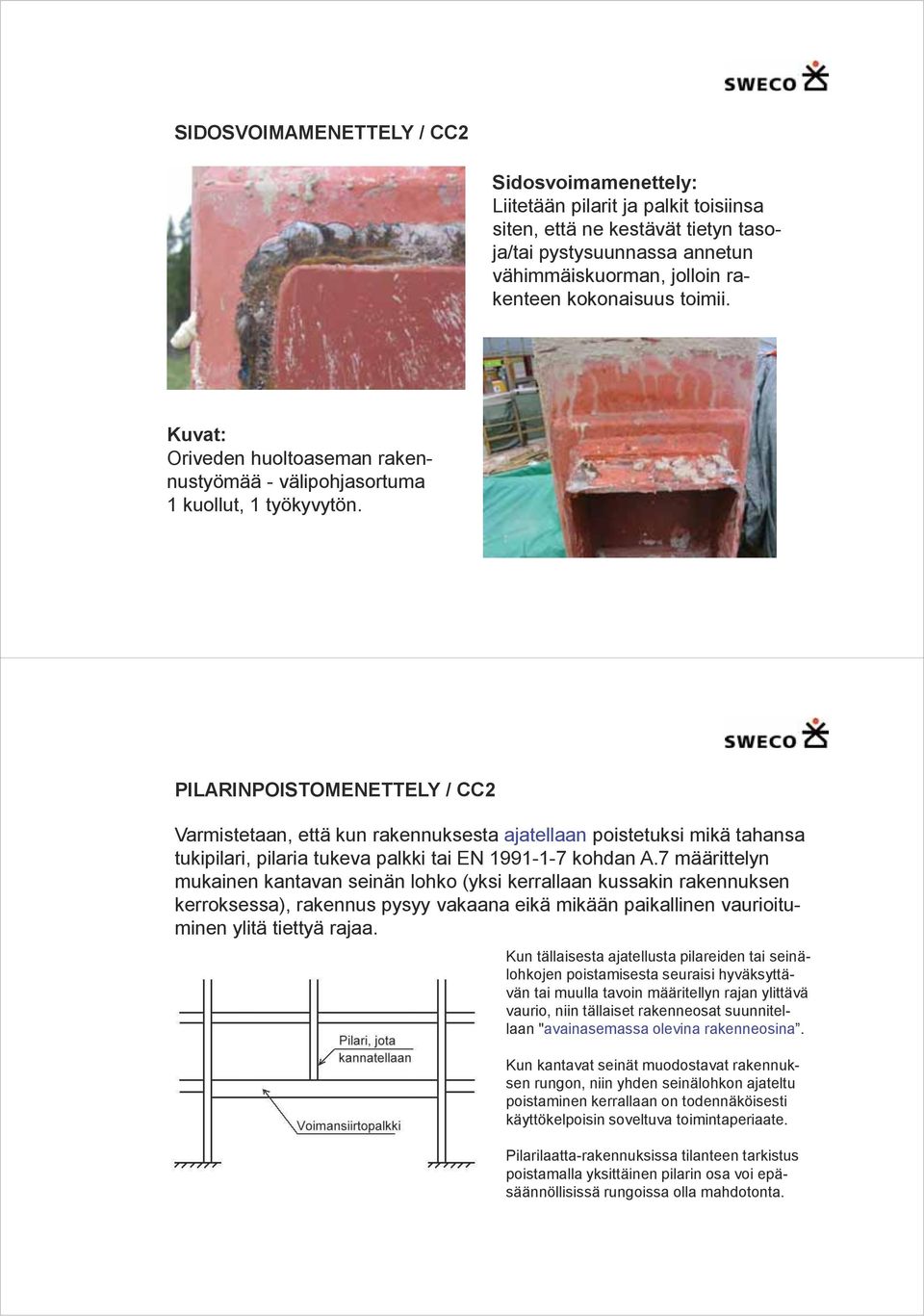 PILARINPOISTOMENETTELY / CC2 Varmistetaan, että kun rakennuksesta ajatellaan poistetuksi mikä tahansa tukipilari, pilaria tukeva palkki tai EN 1991-1-7 kohdan A.