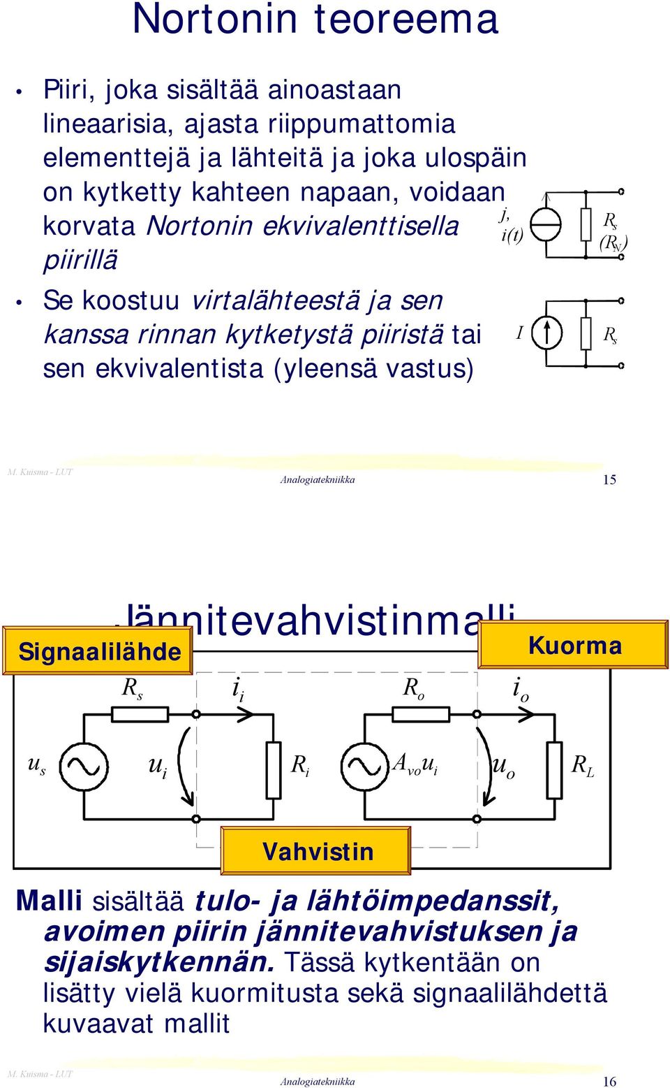 vastus) j, i(t) I R s (R N ) R s 15 Signaalilähde Jännitevahvistinmalli Kuorma R s i i R o i o u s u i R i A vo u i u o R L Vahvistin Malli sisältää tulo-