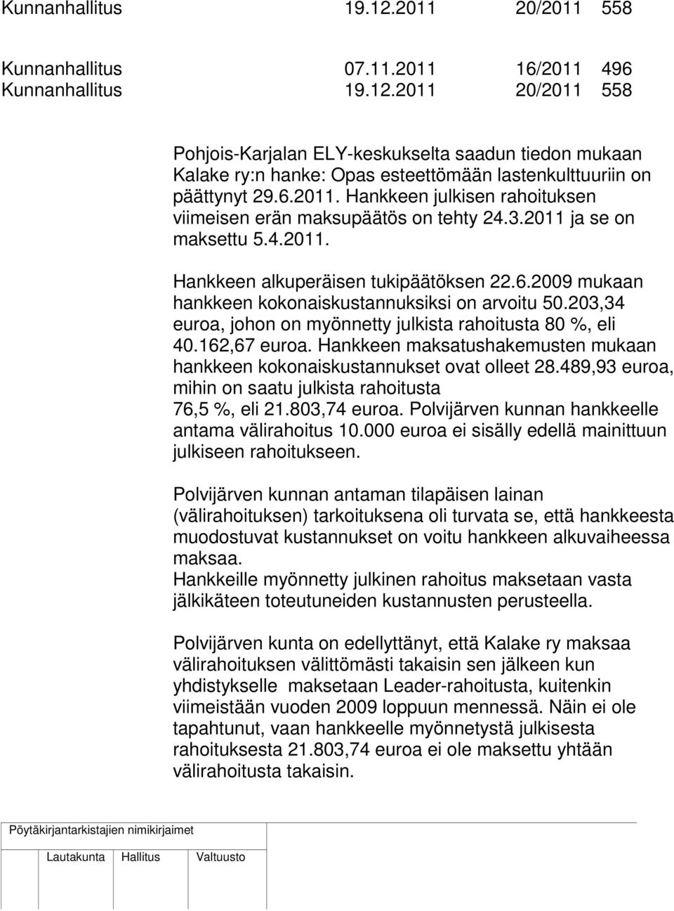 203,34 euroa, johon on myönnetty julkista rahoitusta 80 %, eli 40.162,67 euroa. Hankkeen maksatushakemusten mukaan hankkeen kokonaiskustannukset ovat olleet 28.